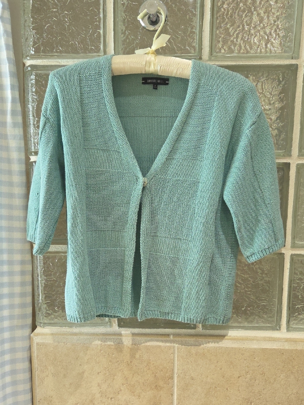 Lafayette 148 New York Mint Green Cotton Linen Short-Sleeve Knit Cardigan Small